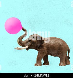 Contemporary artwork collage concept. Portrait of toy elephant with pink balloon isolated on bright blue neon background. Funny image montage. Stock Photo