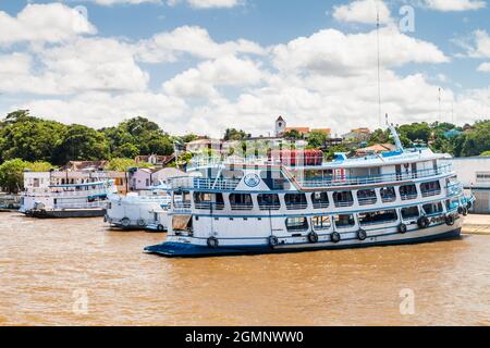 OBIDOS, BRAZIL - JUNE 28, 2015: View of boats in a port in Obidos town, Brazil Stock Photo