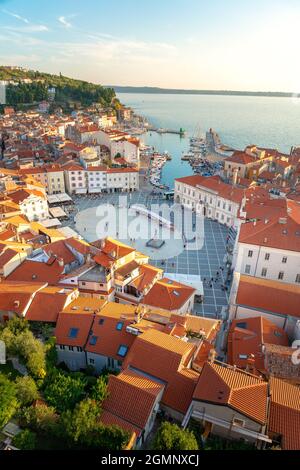 Tartini square from above saint George church tower in Piran Slovenia . Stock Photo