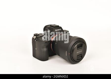 Delhi, India - September 7, 2020: Sony a7iii with 28-70 lens on white background, full frame camera Stock Photo