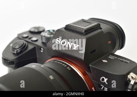 Delhi, india - September 7, 2020: close up of sony logo on camera, full frame Stock Photo