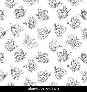 Fluttering butterflies drawn in a single line on a white background. Seamless pattern. Vector stock illustration. Stock Vector