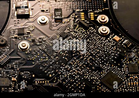Laptop Motherboard. Extreme Closeup.Computer motherboard with microcircuit. Stock Image. Stock Photo