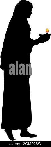 Silhouette Indian woman carrying oil lamp. Diwali traditional Indian festival. Illustration symbol icon Stock Vector