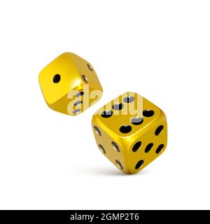Golden 3d dice. Play casino tossing craps template for banner. Vector illustration isolated on white background Stock Vector