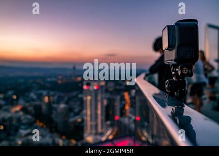 Action cam filming the financial district in Frankfurt, Germany - Europe. Stock Photo