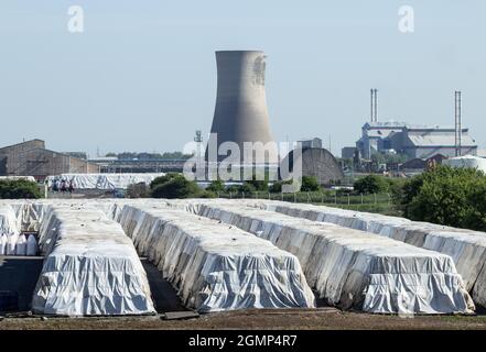 Pallets of fertiliser under tarpaulins at CF Industries fertiliser plant at Billingham near Middlesbrough, north east England. UK Stock Photo