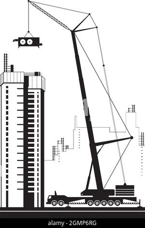 Mobile crane lifting air conditioning unit - vector illustration Stock Vector