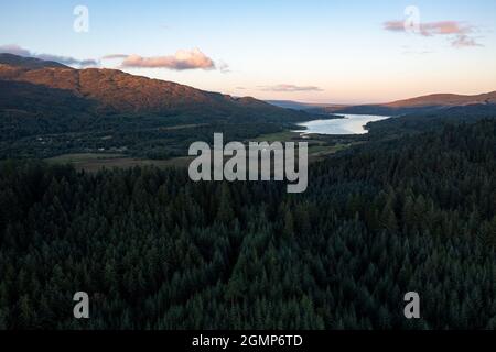 Loch Venachar, Aberfoyle and Loch Achray, Loch Lomond and Trossachs National Park, Scotland, UK. 19th Sep, 2021.  PICTURED: Drone view Loch Venachar on the very popular tourist Heart 200 Route. This is a busy with outdoor enthusiasts and day trippers looking to escape the city and get into scenic Scottish countryside.  Credit: Colin Fisher Stock Photo