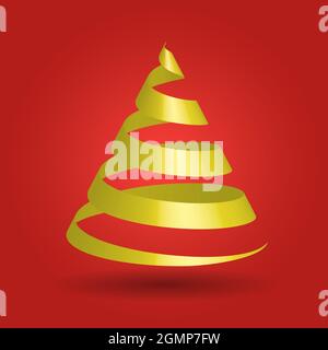 Simple golden ribbon in a shape of Christmas tree. Modern and elegant Merry Christmas theme. 3D vector illustration with dropped shadow and red gradient background. Stock Vector