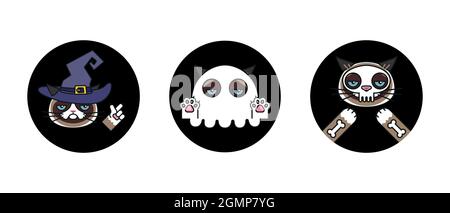 Halloween stickers. Cat in skeleton, witch, ghost Stock Vector