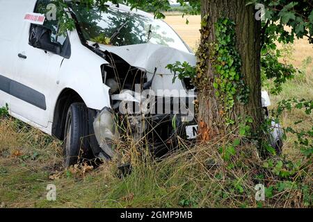 white van accident with tree trunk, norfolk, england Stock Photo