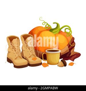 Autumn pumpkin in scarf, pair boots for walking or travel, cup of hot beverage decorated with acorn and leaves in cartoon style isolated on white back Stock Vector