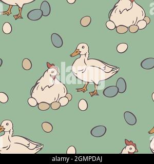 Vector seamless pattern with duck and brood hen. Domestic birds and eggs on light green background. Stock Vector