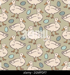Vector seamless pattern with domestic duck and eggs. White ducks and blue eggs on light background. Stock Vector