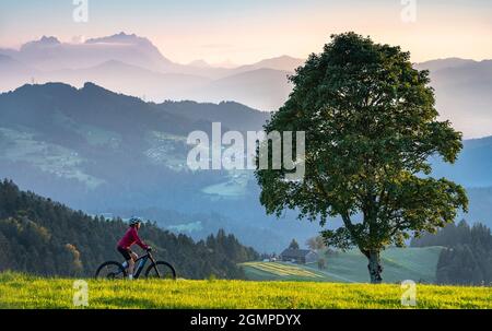 nice senior woman on electric mountain bike at sunset in the mountains of Bregenz Forest, Vorarlberg, Austria with Saentis summit in Switzerland Stock Photo