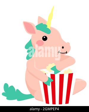 Pink unicorn sitting and eating popcorn from striped bucket. Vector cute illustration isolated on white. Stock Vector