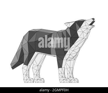 wireframe low poly howling wolf, 3d render Stock Photo