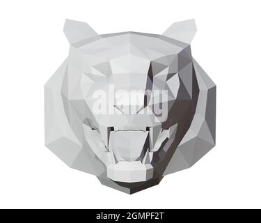 low poly tiger head in full face, gray color, 3d render Stock Photo