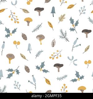 Seamless pattern with mushrooms, holly and berries. Pine cones, colorful autumn leaves and fir tree branches. Vector illustration background. Fall Stock Vector