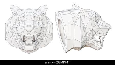 wireframe low poly tiger head in profile and full face, 3d render Stock Photo