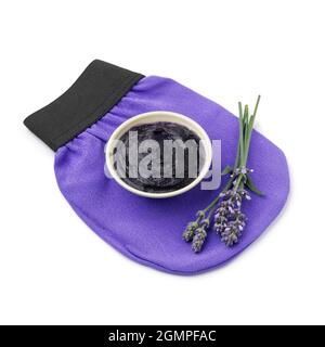 Bowl with savon beldi with lavender washcloth on white background Stock Photo