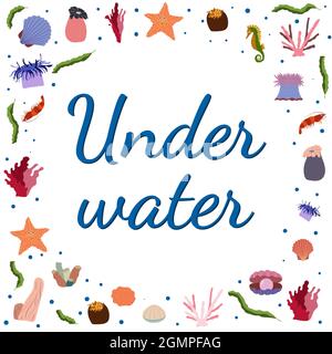 Frame template with cartoon sea animals. Ocean background with circle silhouette. Underwater life. Shell, star and sea anemon, seaweed Stock Vector