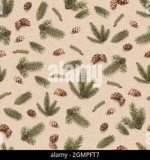 Christmas seamless pattern of Fir branches and pine cones. Winter pattern on kraft paper background. Stock Photo