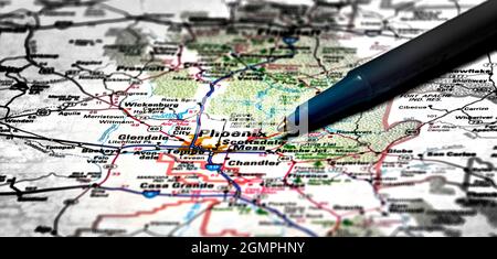 Closeup map of city Phoenix for travel destination driving with pen Stock Photo