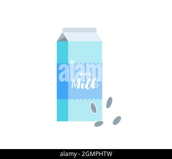 Rice milk cardboard box. Vegetarian lactose free drink package. Healthy vegan grain eco dairy beverage carton packaging. Isolated flat vector eps illustration Stock Vector