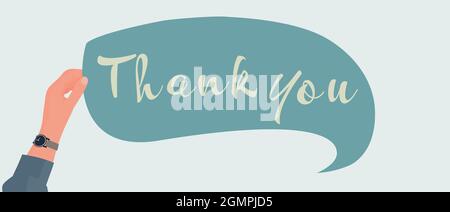 Raised arm of man holding a label in the form of a speech bubble with the inscription -Thank You- Concept of gratitude and appreciation. Banner Stock Vector