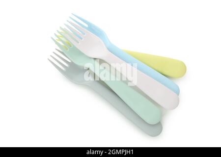 Colorful plastic forks isolated on white background Stock Photo