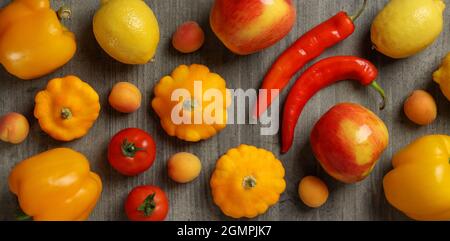 Set of different vegetables and fruits on gray textured background Stock Photo