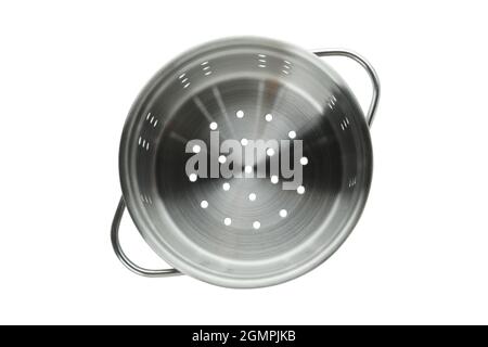 Metal colander pot isolated on white background Stock Photo