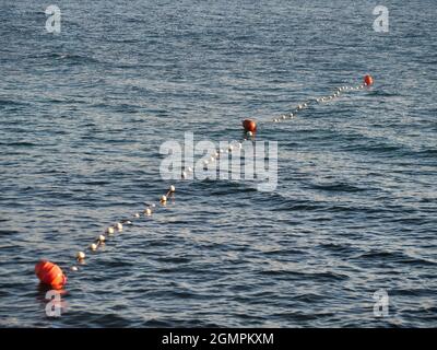 Fishing float in blue water. The float floats on the water surface of the  lake, describing circles on the water. Side view. 21199578 Stock Photo at  Vecteezy