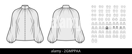 Set of blouses, tops, shirts technical fashion illustration with fitted oversized body, short elbow long sleeves. Flat apparel template front, back, grey color style. Women, men, unisex CAD mockup Stock Vector