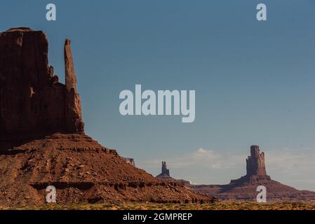 Butte in Monument Valley close up view blue sky Stock Photo