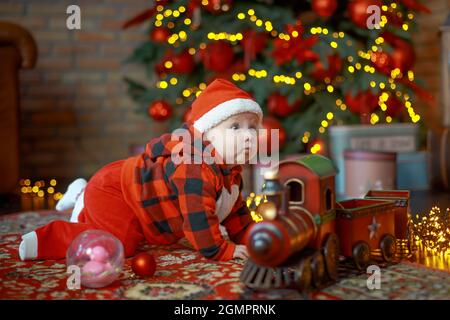 christmas train. Happy child 