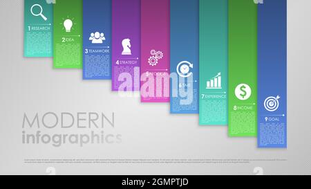EPS10 Vector illustration. Business infographic process with realistic elements. Impact template design with icons and 9 steps. Stock Vector