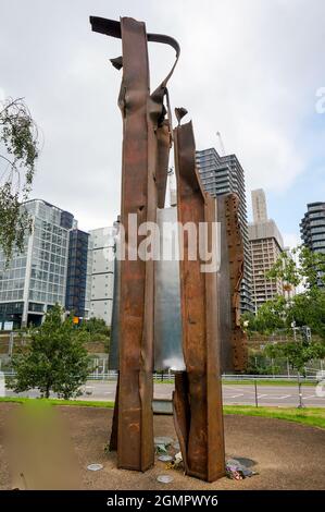 Stratford, London, UK. 20th Sep 2021. The 911 steel beam structure a Memorial In The Olympic Park. A memories of September 11, 2001 attack of 3,000 death flower laid to memories of September 11, 2001 Credit: Picture Capital/Alamy Live News Stock Photo