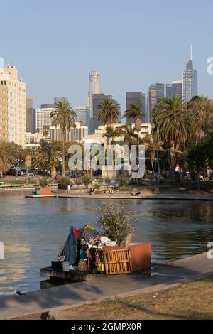 Homeless encampment in MacArthur Park in Los Angeles Stock Photo