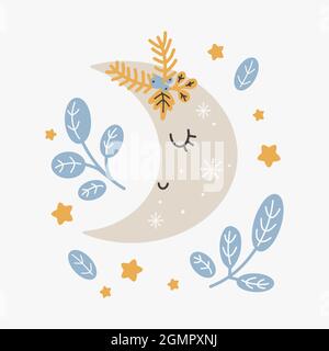 Cute christmas moon. Vector print in scandinavian style. Hand drawn vector illustration for posters, cards, t-shirts. Stock Vector