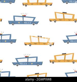 Children's pattern with cars. Cars. Transport. Road. Vector hand-drawn color seamless repeating children simple pattern with cars, in Scandinavian sty Stock Vector
