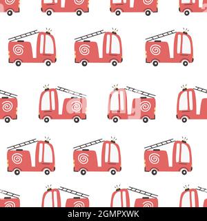 Cute fire truck cars seamless pattern. Vector baby illustration in scandinavian simple hand-drawn style digital paper Stock Vector