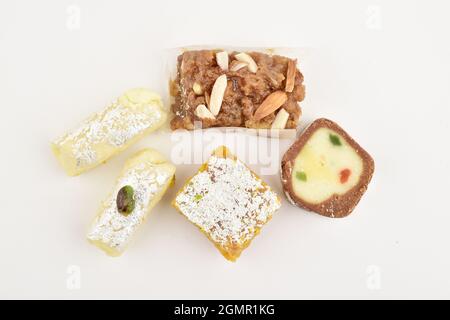 Doda, anjeer barafi and kaju roll on white background Stock Photo