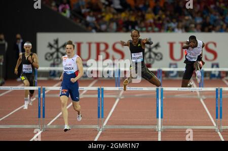 ZURICH - SWITZERLAND 8 SEP 21: Karsten Warholm (NOR) Alison dos Santos (BRA) and Kyron McMaster (IVB) competing in the 400m hurdles at the Wanda Diamo Stock Photo