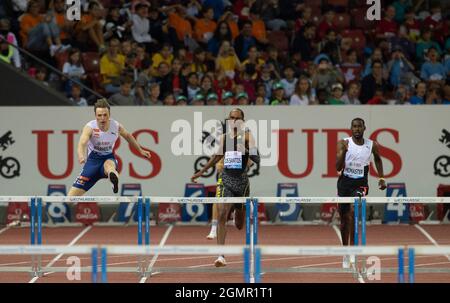 ZURICH - SWITZERLAND 8 SEP 21: Karsten Warholm (NOR) Alison dos Santos (BRA) and Kyron McMaster (IVB) competing in the 400m hurdles at the Wanda Diamo Stock Photo