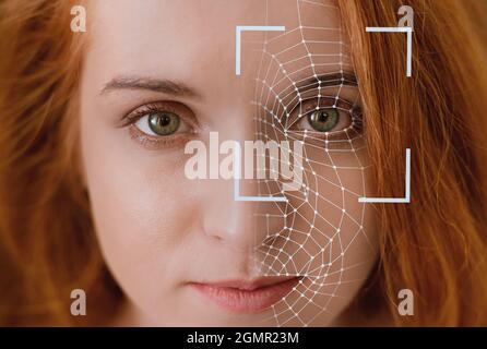 Closeup of redhead caucasian young woman getting eye scanning, collage Stock Photo