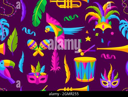 Carnival party seamless pattern with celebration icons, objects and decor. Mardi Gras background for traditional holiday. Stock Vector
