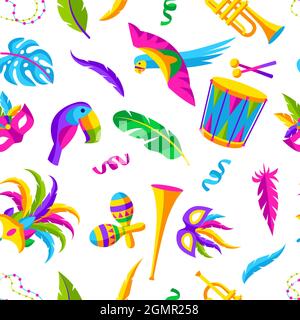 Carnival party seamless pattern with celebration icons, objects and decor. Mardi Gras background for traditional holiday. Stock Vector